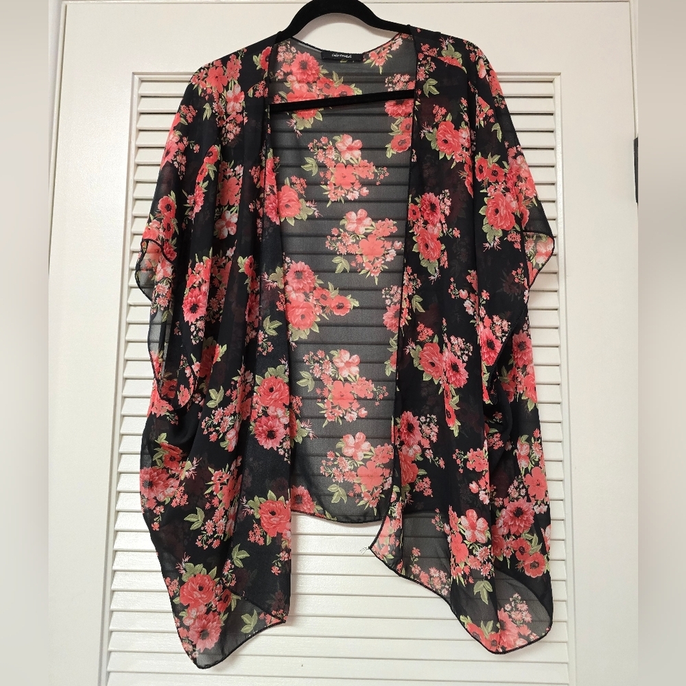Color Swatch - (Plus-Size) Sheer Floral Flowy Open Lightweight Cardigan Sweater